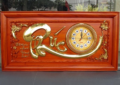 Tranh đồng hồ chữ thư pháp phúc như đông hải gỗ hương đỏ TRG26 dát vàng