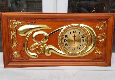 Tranh đồng hồ gỗ tự nhiên chạm chữ tâm TRG29 sơn PU, dát vàng