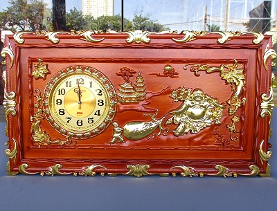 Tranh gỗ đồng hồ phật di lặc kéo bao tiền dát vàng TRG49 may mắn