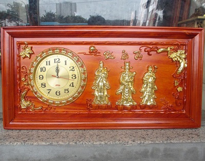 Tranh gỗ đồng hồ tam đa phúc lộc thọ dát vàng TRG16 Gỗ hương đỏ