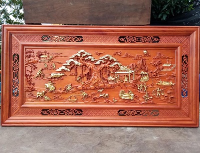 Tranh gỗ phong cảnh đồng quê sơn PU dát vàng TĐQ01 làng quê Việt
