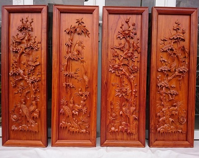 Bộ tranh tứ quý gỗ 1m17 chạm chim TTQ04 tùng trúc cúc mai tĩnh xảo