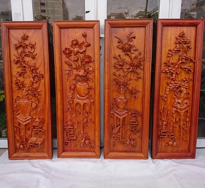 Tranh gỗ hương đỏ tứ bình hoa mai sen cúc tùng TTQ08 khung rời