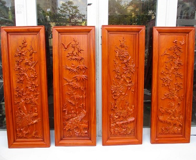 Tranh tứ quý gỗ tùng trúc cúc mai chim công TTQ05 là biểu tượng tài lộc