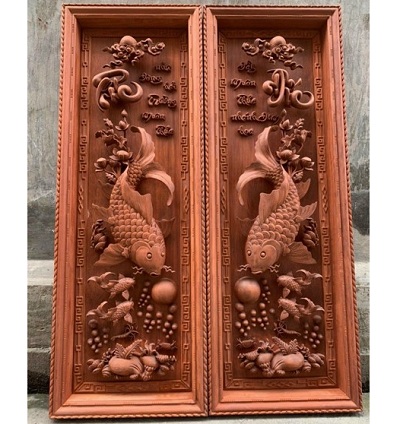 Tranh gỗ hương đá lý ngư vọng nguyệt TCC04