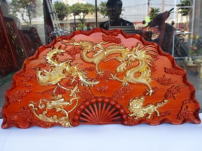Tranh gỗ quạt tứ linh long lân quy phụng TBM08 quyền lực giàu sang dát vàng
