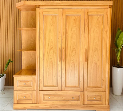 Tủ quần áo gỗ gõ đỏ góc 3 cánh 4 ngăn kéo GTQA93 Rộng 1900 tay nắm dương