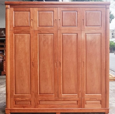 Tủ quần áo gỗ xoan đào 4 cánh hai tầng GTQA84 Rộng 1900 x Cao 2550 x Sâu 550-570mm thiết kế nhỏ gọn được chia thành 3 buồng