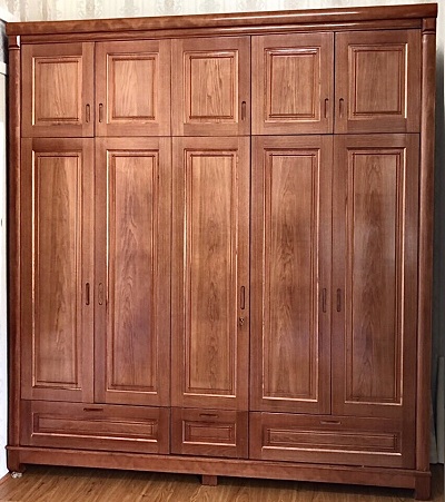 Tủ quần áo gỗ xoan đào hai tầng 5 cánh mở GTQA85 Rộng 235 x Cao 255 x Sâu 55-57 cm thiết kế nhỏ gọn được chia thành 3 buồng trên