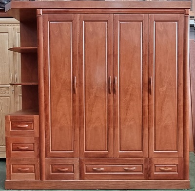 Tủ quần áo gỗ xoan đào góc 4 cánh 3 ngăn kéo GTQA86 Rộng 235 Cao 212 x Sâu 55-57cm thiết kế góc trang trí để đồ tiện dụng gỗ verneer xoan đào tự nhiên