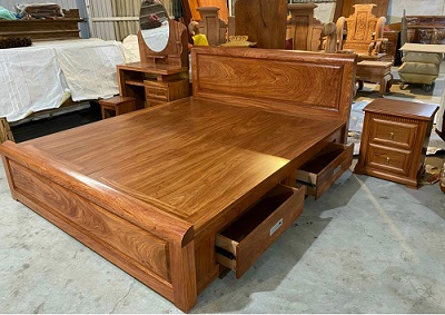 Giường ngủ gỗ verneer hương đá 2 ngăn kéo phản gỗ tự nhiên GN65