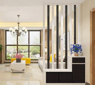 Vách gỗ dạng cột trang trí phòng khách VG06 kết hợp với tủ để giầy