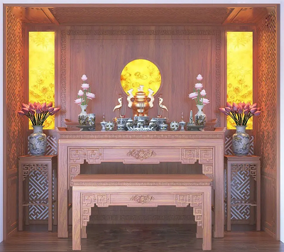 Bàn thờ gỗ sồi tự nhiên chạm hoa văn tinh xảo BTD03 Cánh gián nhạt