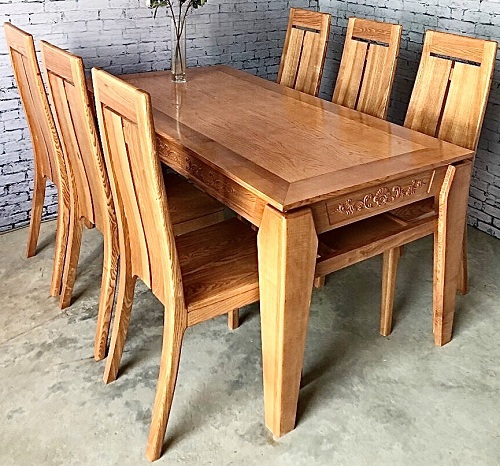 Bộ bàn ăn gỗi sồi mặt chữ nhật chân kiếm PA109