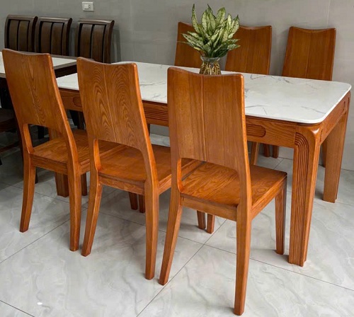 Bộ bàn ăn gỗ sồi mặt đá PA91 chân thẳng, 2 vai làm rộng kiểu hiện đại