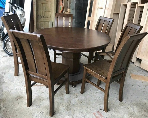 Bộ bàn ăn tròn gỗ sồi 6 ghế chân hộp sơn màu óc chó PA74