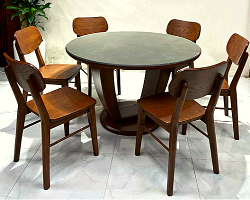 Bộ bàn ăn gỗi sồi mặt tròn chân thuyền PA108