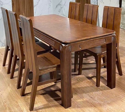 Bộ bàn ăn gỗ sồi chân đục mặt gỗ PA90 bàn 120, 160, 180 cm