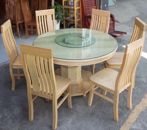 Bàn ăn chân hộp gỗ sồi tròn 6 ghế PA77 mặt kính+mâm xoay rất tiện lợi