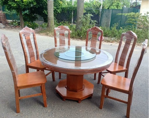 Bàn ăn gỗ sồi mặt tròn 1m2 chân hộp PA78 01 bàn + 6 ghế + mặt kính