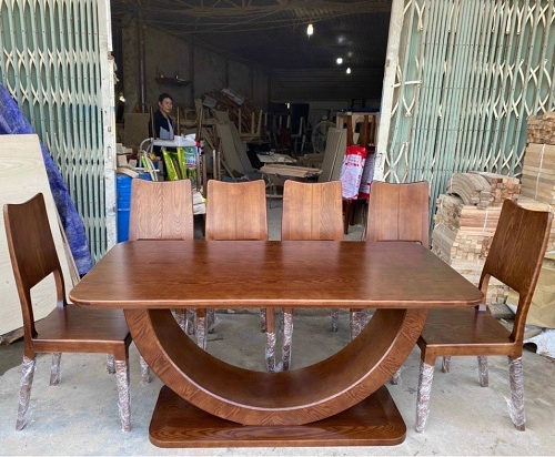 Bộ bàn ăn gỗ sồi chân C màu óc chó PA103