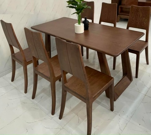 Bàn ăn gỗ sồi chân quỳ sơn màu óc chó PA112