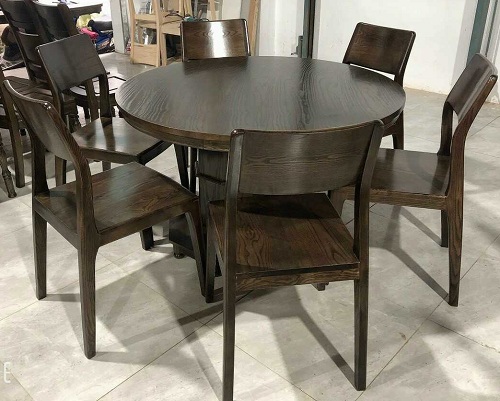 Bộ bàn ăn gỗ sồi mặt tròn 120cm chân hộp PA80 bàn ăn tròn gỗ Sồi 6 ghế