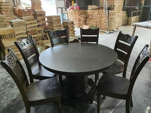 Bàn ăn chân hộp gỗ sồi sơn màu óc chó mặt tròn 1m2