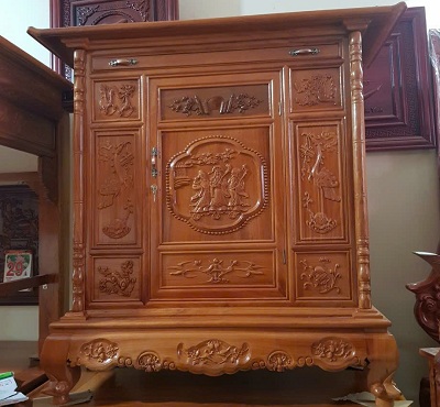 Tủ thờ gỗ gụ phúc lộc thọ, chim hạc 127cm BTD44