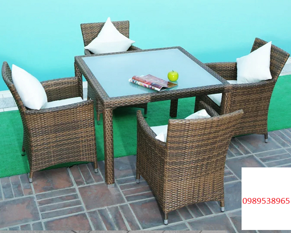Bàn ghế sân vườn nhựa giả mây bàn vuông BGN-08 kết hợp 4 ghế