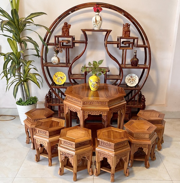 Bộ bàn ghế đôn lục lăng gỗ gõ tự nhiên BTG2