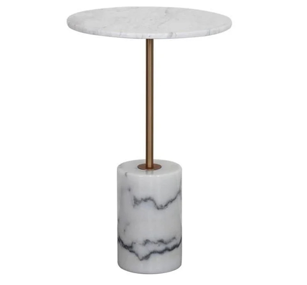 Bàn tab đế, mặt đá trắng tiện tròn trụ Inox mạ vàng sang trọng HBS04-C