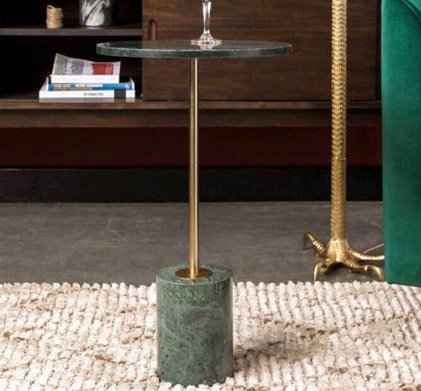 Bàn trà đế tiện, mặt đá tròn trụ Inox vàng cao cấp HBS04-B hiện đại