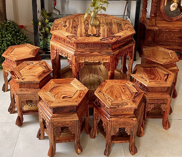 Bộ bàn ghế hình lục giác gỗ cẩm việt tự nhiên BTG7
