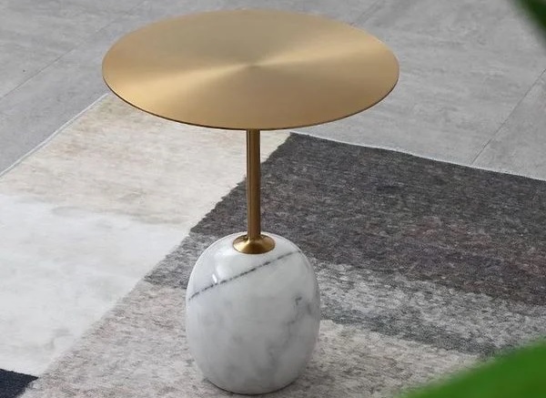 Bàn trà đế đá tự nhiên trắng hình quả trứng, trụ và mặt inox 304 HBS10-B