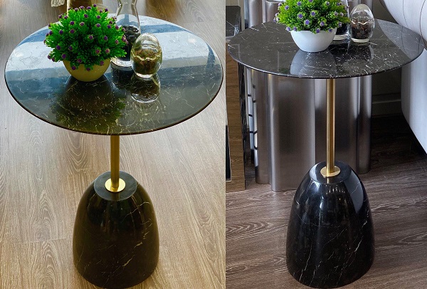 Bàn trà đế, mặt đá đen trụ inox 304 mạ vàng HBS11-A đế đá cắt tạo hình