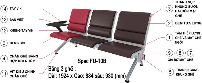Ghế 3 băng sân bay nội bài Gauss Chair FU-10B