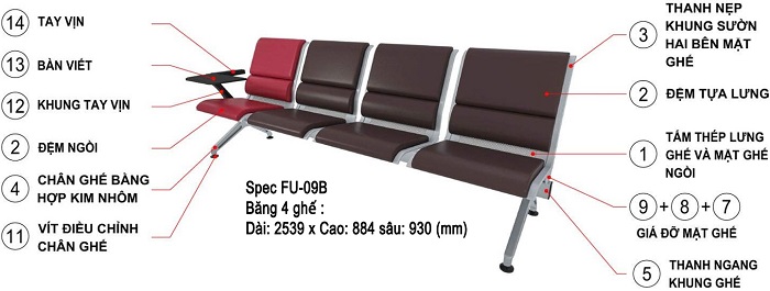 Spec FU-09B, Băng 4 ghế : Dài 2539 x Cao 884 sâu 930 (mm)